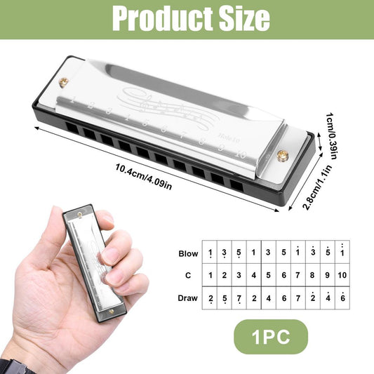 10-Hole Diatonic Harmonica Key of C Stainless Steel Mini Harp – Silver