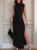 Women’s High-Neck Ruched Bodycon Maxi Dress Sleeveless